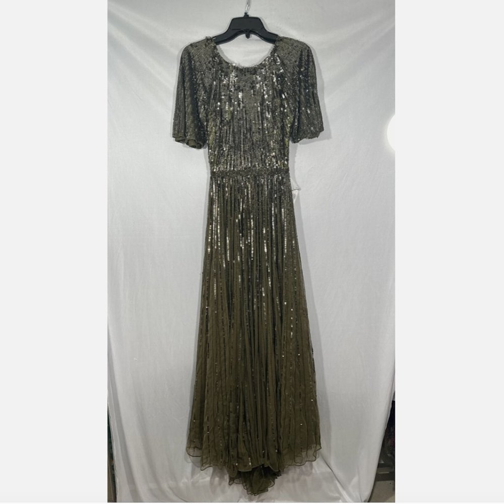NEW $698 Mac Duggal [ 4 ] Short Sleeve Ombre Sequined‎ Evening Gown Olive #Q548 - Picture 3 of 16
